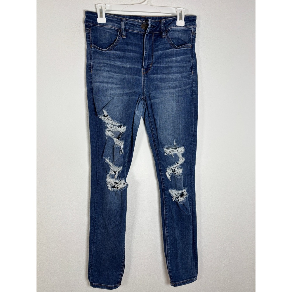 American Eagle Super Stretch Skinny Jeans‎ Dark Wash Distressed Ripped Womens 10